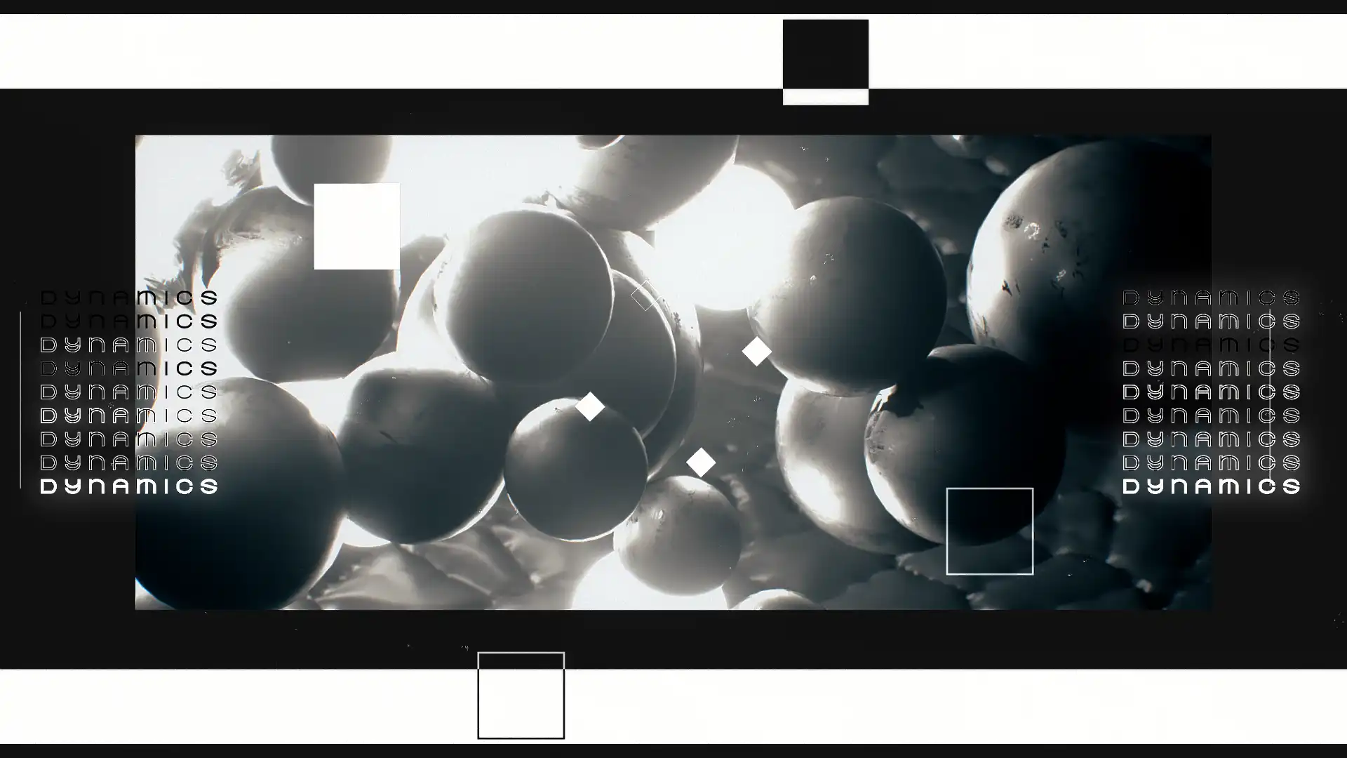 still image from the demo reel showing many spheres in black and some eluminating the space. It is a close up shot with graphic design on top of it with the words 'Dynamics' on either side of it. It is mostly black and white.