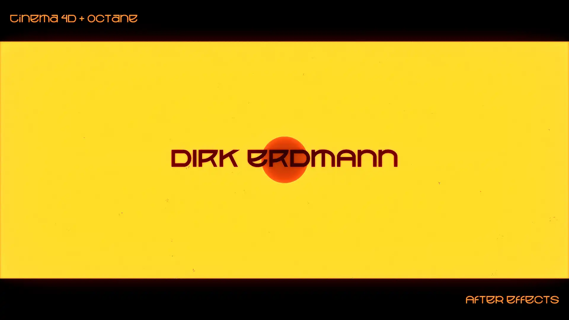 still image from the demo reel showing the title card. The background is a vibrant yellow with a orange circle in the middle of it. It has a text saying 'Dirk Erdmann' in the middle. It is grainy and has a cinematic letterbox making it 21:9 aspect ratio. 