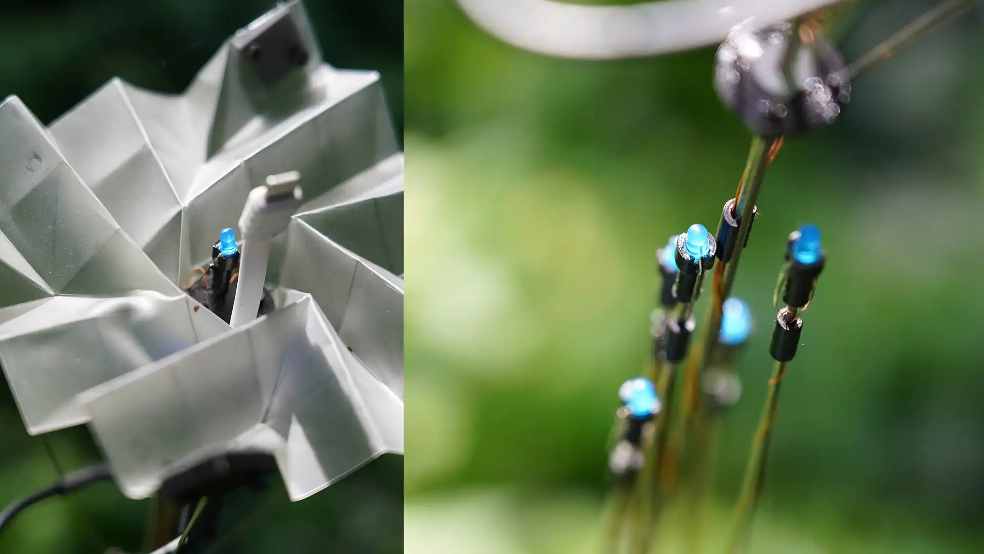 a two panel image showing details about the installation SYNANTROPHE. The left panel is a close up of the blossom, showing an intricite origami like folded sheet of slightly translucent pvc. there is a led in the middle of it and a charging cable coming out of it. The right panel is showing another perspective of the leds and the blossom from slightly above.