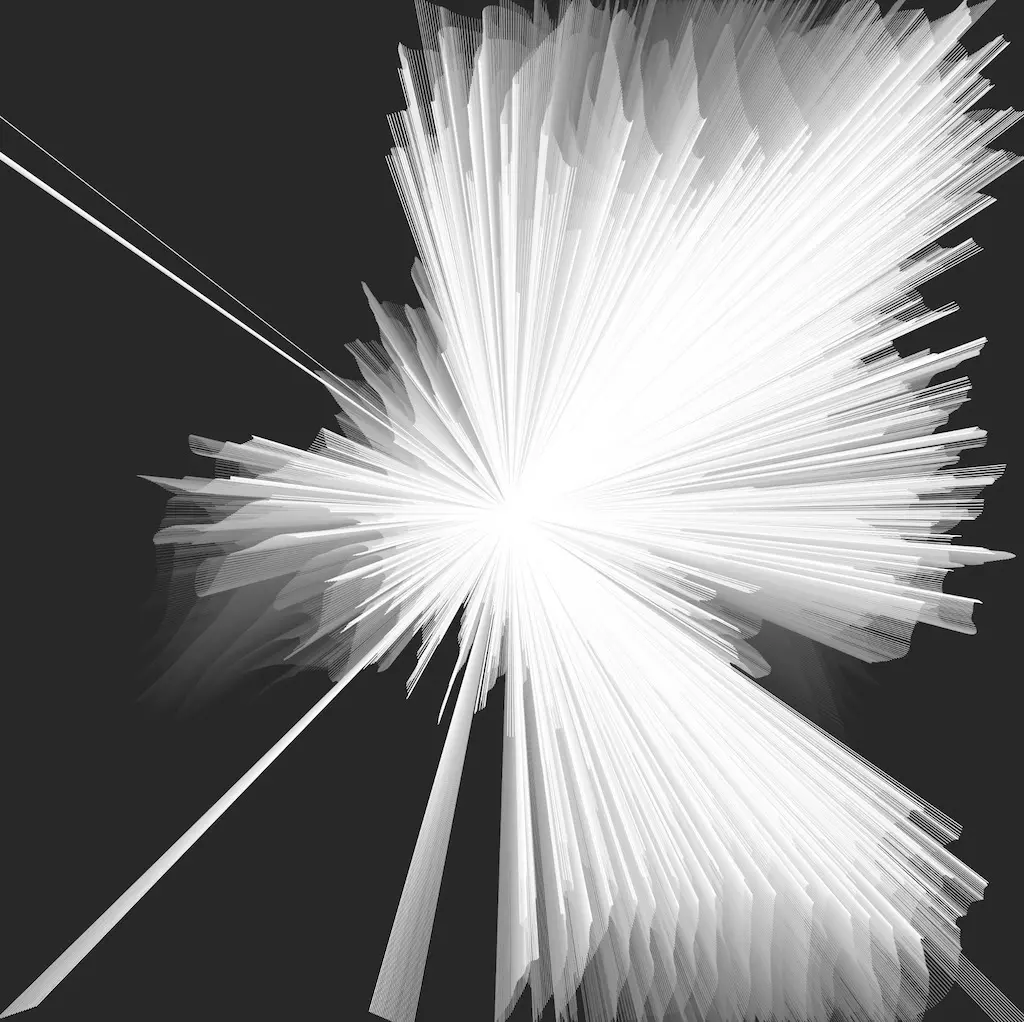 black and white generative digital art with lines trailing white shadows